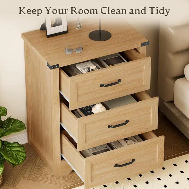 Alt view image 4 of 7 - Night Stand Set of 2, 3 Drawers Bedside Table Dresser with Metal Handles, Sturdy Wooden End Side Table Storage Cabinet with Anti-Tipping Design for Bedroom