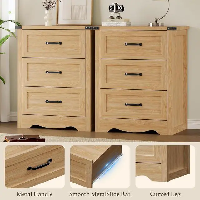 Alt view image 5 of 7 - Night Stand Set of 2, 3 Drawers Bedside Table Dresser with Metal Handles, Sturdy Wooden End Side Table Storage Cabinet with Anti-Tipping Design for Bedroom