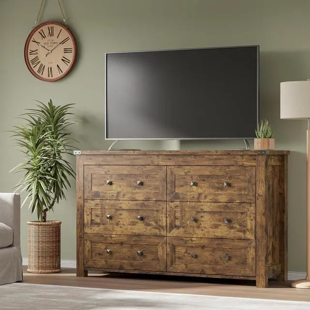 Alt view image 5 of 7 - 6-Drawer Dresser, Modern Wooden Storage Chest of Drawers, Dresser TV Stand, Wood Drawer Organizer with Metal Handles for Bedroom, Living Room, Hallway