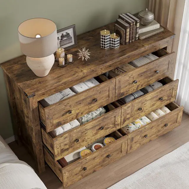 Alt view image 4 of 7 - 6-Drawer Dresser, Modern Wooden Storage Chest of Drawers, Dresser TV Stand, Wood Drawer Organizer with Metal Handles for Bedroom, Living Room, Hallway
