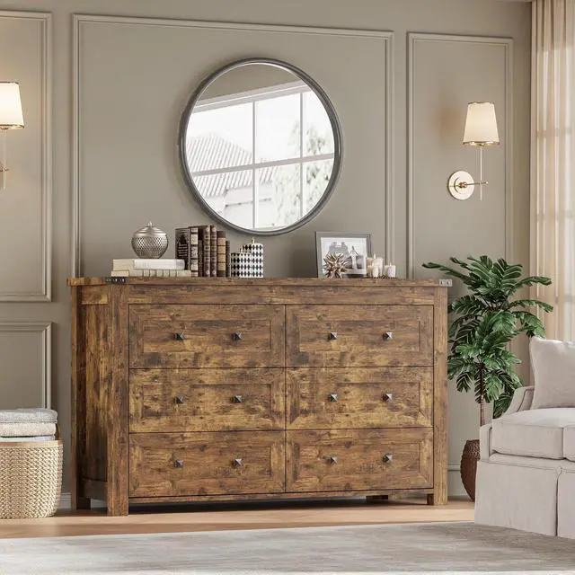 Alt view image 6 of 7 - 6-Drawer Dresser, Modern Wooden Storage Chest of Drawers, Dresser TV Stand, Wood Drawer Organizer with Metal Handles for Bedroom, Living Room, Hallway