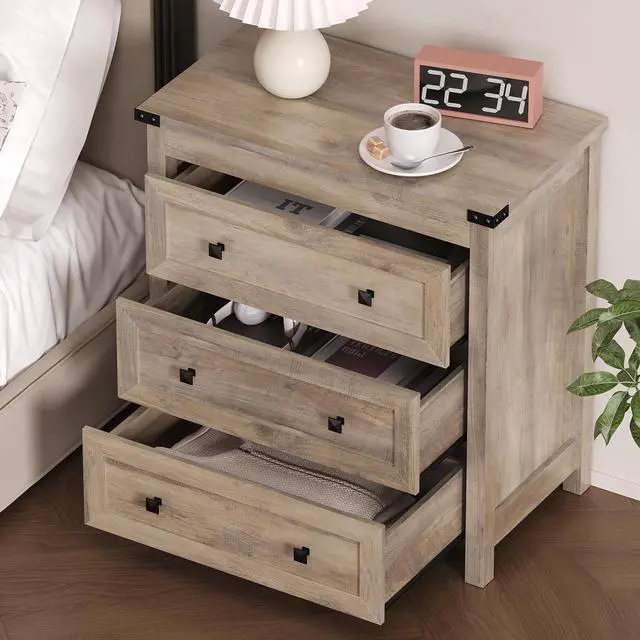 Alt view image 4 of 7 - 3-Drawer Night Stand, Modern Bedside Table Dresser with Metal Handles, Sturdy Wooden End Side Table Storage Cabinet with Anti-Tipping Design for Bedroom