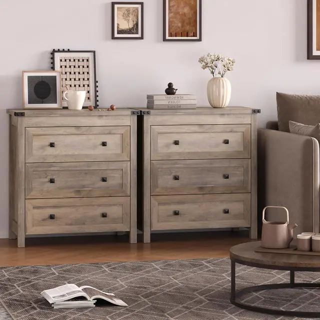 Alt view image 7 of 7 - 3-Drawer Night Stand, Modern Bedside Table Dresser with Metal Handles, Sturdy Wooden End Side Table Storage Cabinet with Anti-Tipping Design for Bedroom