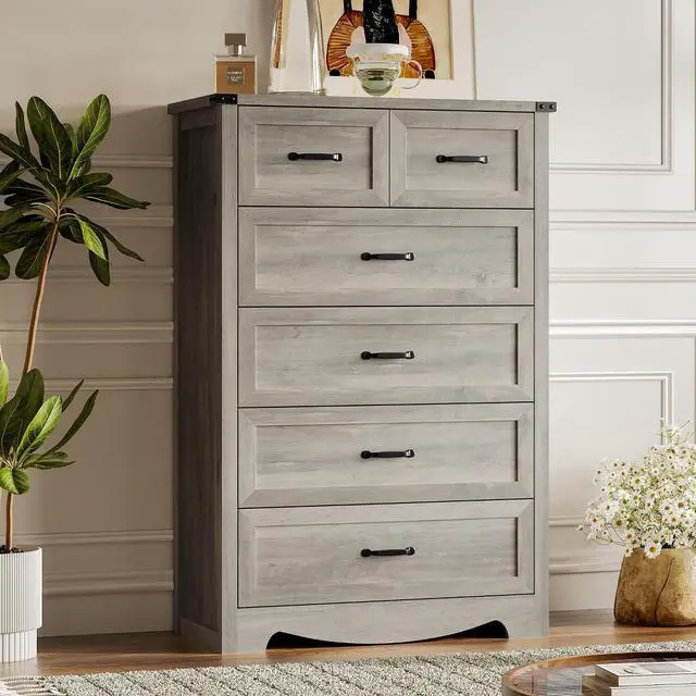 Main image of Tall 6-Drawer Dresser for Bedroom, Modern Wooden Chest of Drawers with Metal Handles, Anti-Tipping Design, Sturdy and Stable Storage Organizer for Living Room, Entryway, Home Office, Standard
