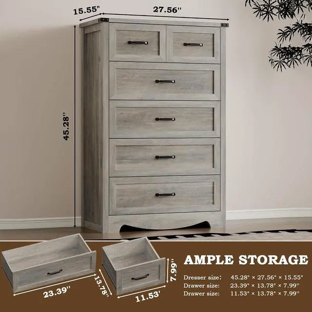 Alt view image 2 of 7 - Tall 6-Drawer Dresser for Bedroom, Modern Wooden Chest of Drawers with Metal Handles, Anti-Tipping Design, Sturdy and Stable Storage Organizer for Living Room, Entryway, Home Office, Standard
