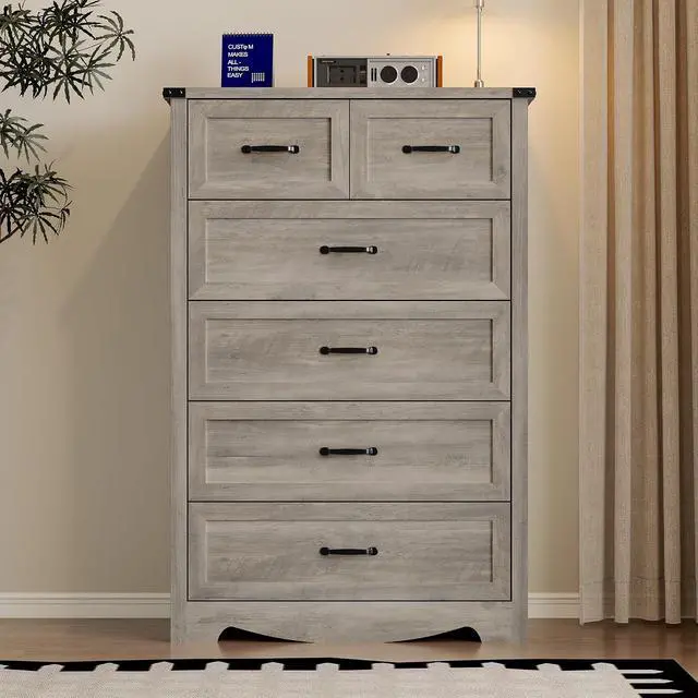 Alt view image 3 of 7 - Tall 6-Drawer Dresser for Bedroom, Modern Wooden Chest of Drawers with Metal Handles, Anti-Tipping Design, Sturdy and Stable Storage Organizer for Living Room, Entryway, Home Office, Standard