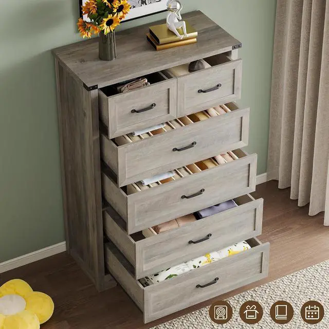 Alt view image 5 of 7 - Tall 6-Drawer Dresser for Bedroom, Modern Wooden Chest of Drawers with Metal Handles, Anti-Tipping Design, Sturdy and Stable Storage Organizer for Living Room, Entryway, Home Office, Standard