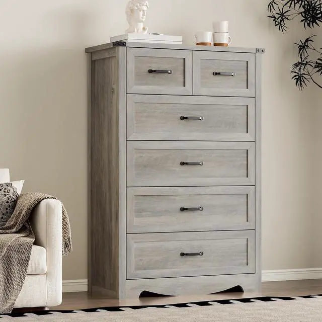 Alt view image 7 of 7 - Tall 6-Drawer Dresser for Bedroom, Modern Wooden Chest of Drawers with Metal Handles, Anti-Tipping Design, Sturdy and Stable Storage Organizer for Living Room, Entryway, Home Office, Standard