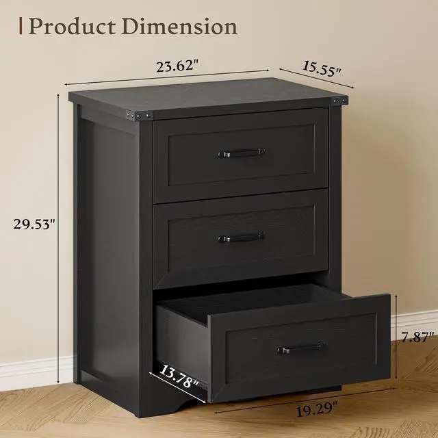 Alt view image 2 of 7 - Night Stand with 3 Drawers, Wave Base Bedside Table Dresser with Metal Handles, Sturdy Wooden End Side Table Storage Cabinet with Anti-Tipping Design for Bedroom