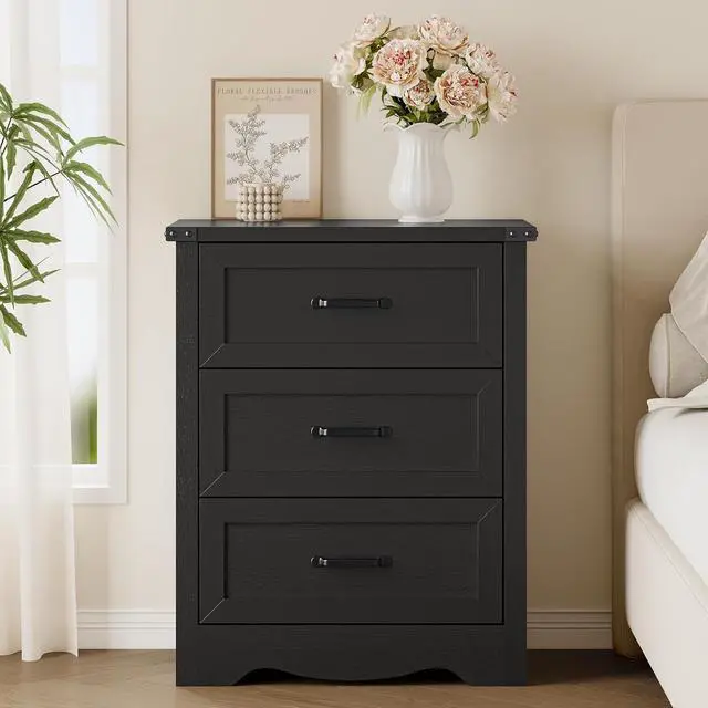 Alt view image 3 of 7 - Night Stand with 3 Drawers, Wave Base Bedside Table Dresser with Metal Handles, Sturdy Wooden End Side Table Storage Cabinet with Anti-Tipping Design for Bedroom