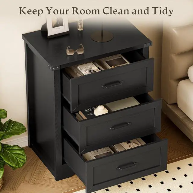 Alt view image 4 of 7 - Night Stand with 3 Drawers, Wave Base Bedside Table Dresser with Metal Handles, Sturdy Wooden End Side Table Storage Cabinet with Anti-Tipping Design for Bedroom
