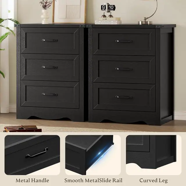 Alt view image 5 of 7 - Night Stand with 3 Drawers, Wave Base Bedside Table Dresser with Metal Handles, Sturdy Wooden End Side Table Storage Cabinet with Anti-Tipping Design for Bedroom
