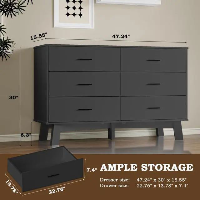 Alt view image 2 of 7 - Dresser for Bedroom with 6-Drawer, 47.2" Modern Chest of Drawers with Metal Handles, X-Shape Base & Adjustable Center Leg, Anti-Tip Closet Organizers and Storage