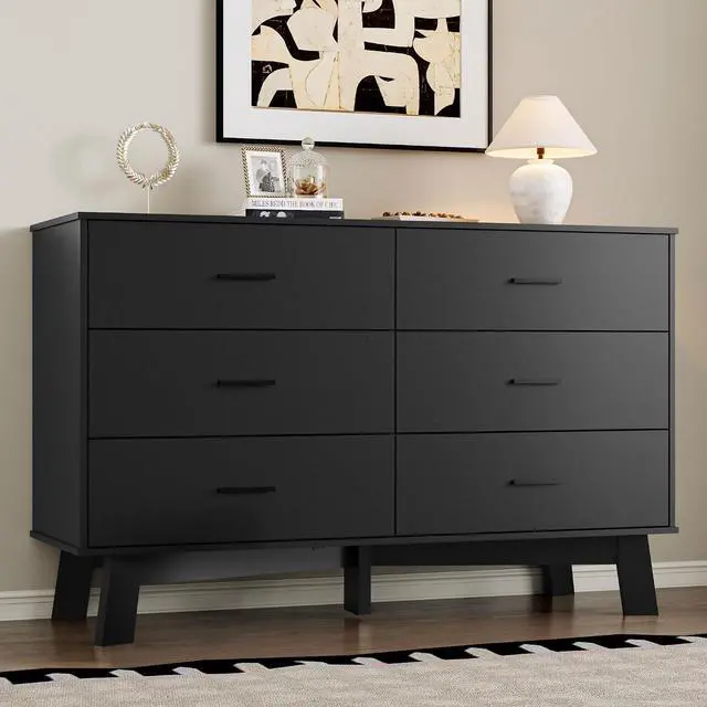 Main image of Dresser for Bedroom with 6-Drawer, 47.2" Modern Chest of Drawers with Metal Handles, X-Shape Base & Adjustable Center Leg, Anti-Tip Closet Organizers and Storage