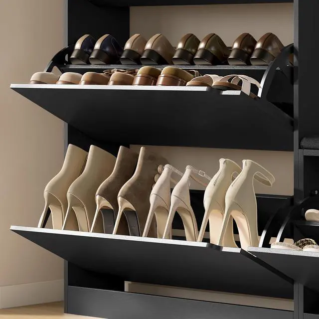 Alt view image 6 of 7 - Shoe Cabinet with Bench and 3 Flip Drawers, Slim Narrow Shoe Storage Cabinet, Freestanding Shoe Rack Organizer with Adjustable & Removable Shelves, Anti-Tip for Entryway, Hallway, Foyer