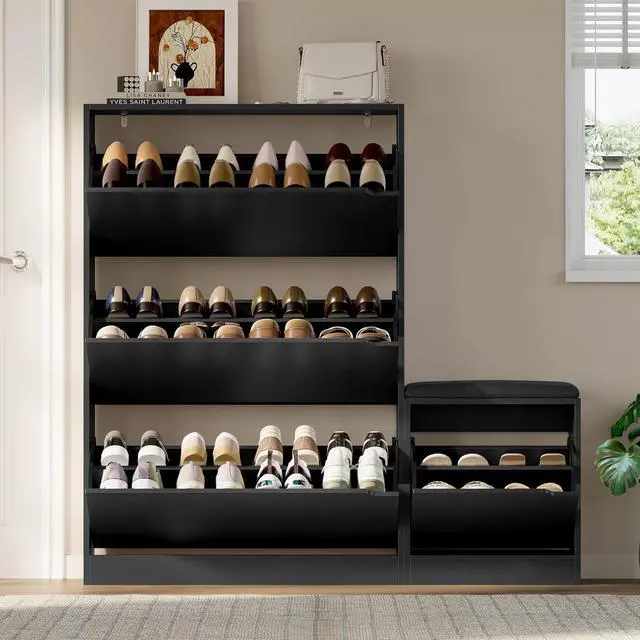 Alt view image 7 of 7 - Shoe Cabinet with Bench and 3 Flip Drawers, Slim Narrow Shoe Storage Cabinet, Freestanding Shoe Rack Organizer with Adjustable & Removable Shelves, Anti-Tip for Entryway, Hallway, Foyer