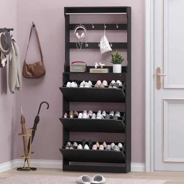 Alt view image 7 of 7 - Shoe Cabinet with 3 Flip Drawers & Coat Rack, Narrow Hidden Shoe Storage Cabinet, 2-in-1 Hall Tree Slim Freestanding Shoe Rack Organizer for Entryway, Hallway, and Living Room