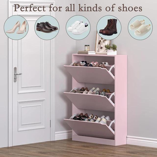 Alt view image 4 of 7 - Shoe Cabinet with 3 Flip Drawers, Hidden Wood Shoe Cabinet,Freestanding Shoe Storage Cabinet for Entryway Hallway.White. 47.2" H*31.5" W*9.45" D (Pink)