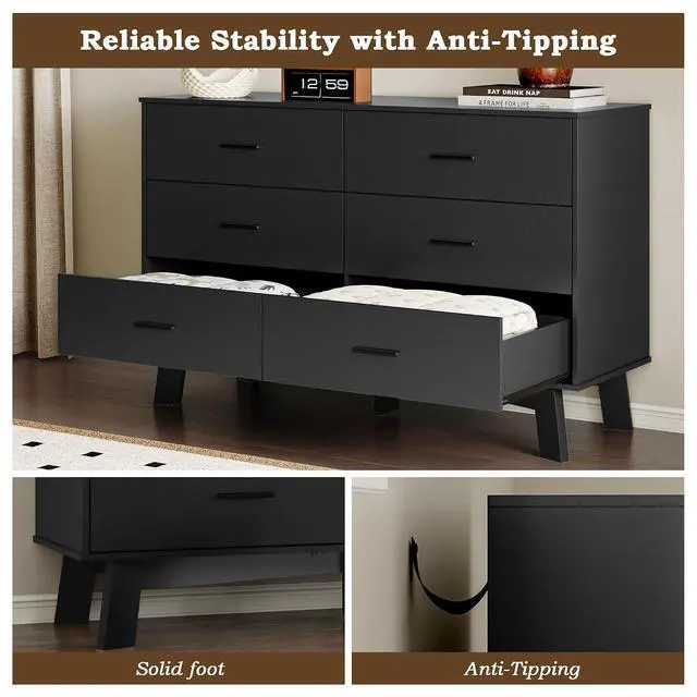 Alt view image 6 of 7 - Dresser for Bedroom with 6-Drawer, 47.2" Modern Chest of Drawers with Metal Handles, X-Shape Base & Adjustable Center Leg, Anti-Tip Closet Organizers and Storage