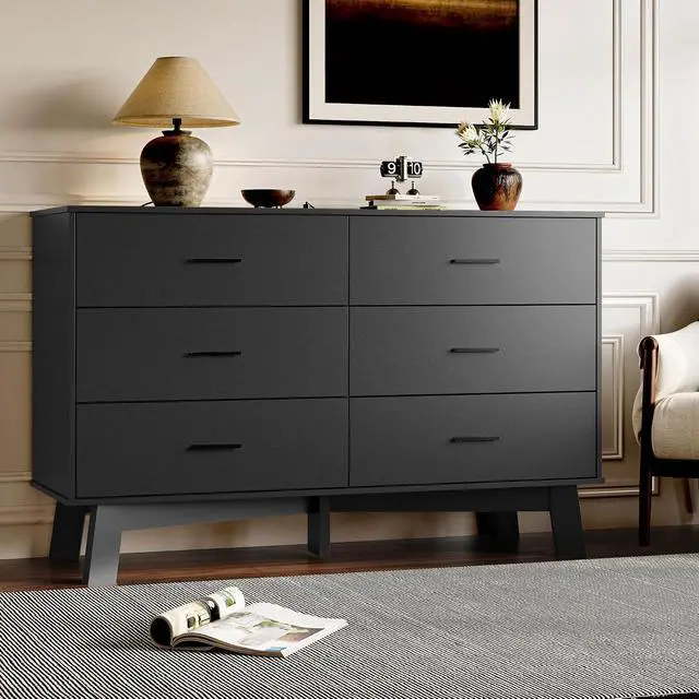 Alt view image 7 of 7 - Dresser for Bedroom with 6-Drawer, 47.2" Modern Chest of Drawers with Metal Handles, X-Shape Base & Adjustable Center Leg, Anti-Tip Closet Organizers and Storage