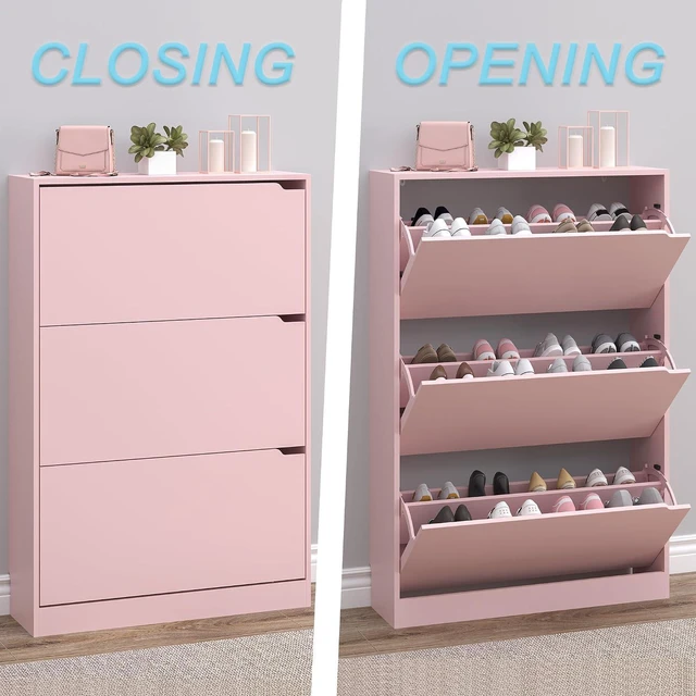Alt view image 5 of 7 - Shoe Cabinet with 3 Flip Drawers, Hidden Wood Shoe Cabinet,Freestanding Shoe Storage Cabinet for Entryway Hallway.White. 47.2" H*31.5" W*9.45" D (Pink)