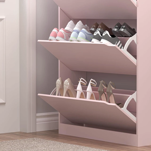 Alt view image 6 of 7 - Shoe Cabinet with 3 Flip Drawers, Hidden Wood Shoe Cabinet,Freestanding Shoe Storage Cabinet for Entryway Hallway.White. 47.2" H*31.5" W*9.45" D (Pink)