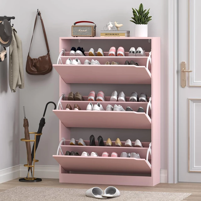 Alt view image 7 of 7 - Shoe Cabinet with 3 Flip Drawers, Hidden Wood Shoe Cabinet,Freestanding Shoe Storage Cabinet for Entryway Hallway.White. 47.2" H*31.5" W*9.45" D (Pink)