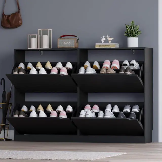 Alt view image 7 of 7 - Shoe Cabinet with 4 Flip Drawers, Narrow Hidden Shoe Storage Cabinet, Slim Freestanding Shoe Rack Organizer for Entryway, Hallway, Bedroom, Living Room
