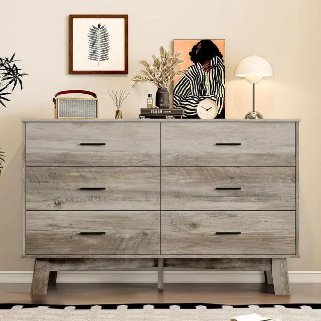 Alt view image 3 of 7 - Dresser for Bedroom with 6-Drawer, 47.2" Modern Chest of Drawers with Metal Handles, X-Shape Base & Adjustable Center Leg, Anti-Tip Closet Organizers and Storage