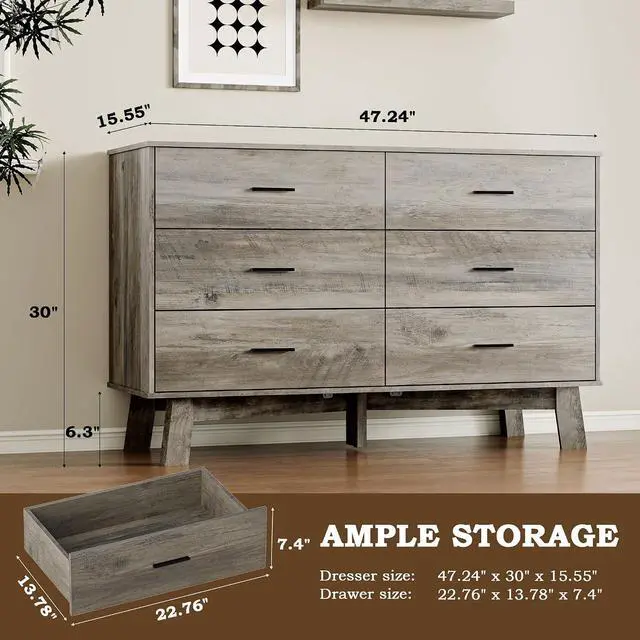 Alt view image 2 of 7 - Dresser for Bedroom with 6-Drawer, 47.2" Modern Chest of Drawers with Metal Handles, X-Shape Base & Adjustable Center Leg, Anti-Tip Closet Organizers and Storage