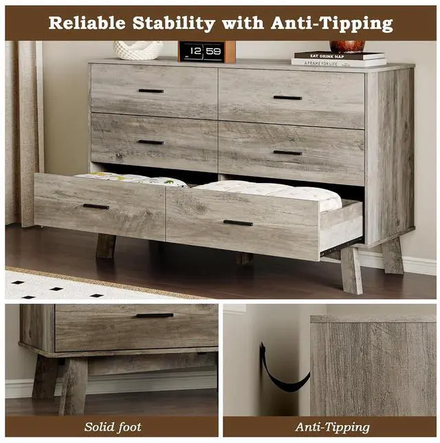 Alt view image 6 of 7 - Dresser for Bedroom with 6-Drawer, 47.2" Modern Chest of Drawers with Metal Handles, X-Shape Base & Adjustable Center Leg, Anti-Tip Closet Organizers and Storage