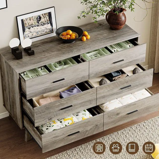 Alt view image 4 of 7 - Dresser for Bedroom with 6-Drawer, 47.2" Modern Chest of Drawers with Metal Handles, X-Shape Base & Adjustable Center Leg, Anti-Tip Closet Organizers and Storage