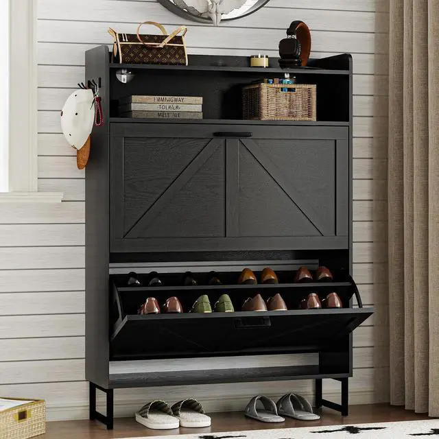 Main image of Shoe Cabinet with 2 Flip Drawers Narrow Shoe Storage Cabinet Organizer Wooden Freestanding Rack Hidden Slim Storage for Entryway, Hallway, Living Room, Bedroom