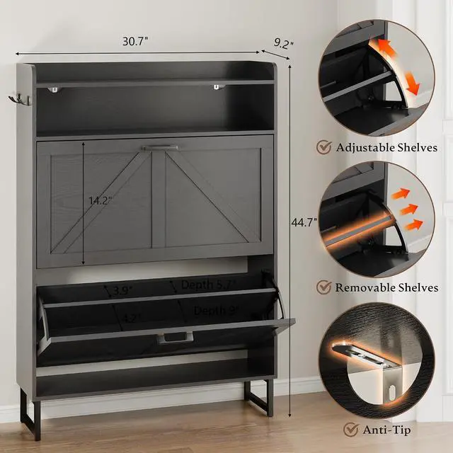 Alt view image 2 of 7 - Shoe Cabinet with 2 Flip Drawers Narrow Shoe Storage Cabinet Organizer Wooden Freestanding Rack Hidden Slim Storage for Entryway, Hallway, Living Room, Bedroom