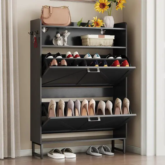 Alt view image 3 of 7 - Shoe Cabinet with 2 Flip Drawers Narrow Shoe Storage Cabinet Organizer Wooden Freestanding Rack Hidden Slim Storage for Entryway, Hallway, Living Room, Bedroom