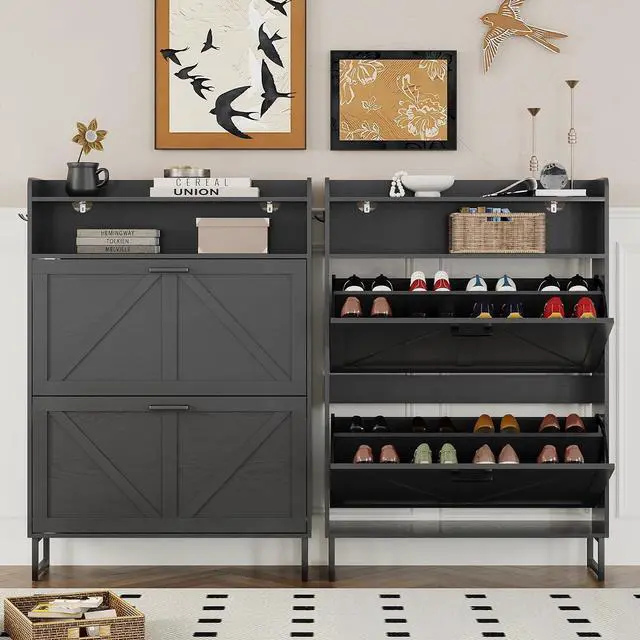 Alt view image 5 of 7 - Shoe Cabinet with 2 Flip Drawers Narrow Shoe Storage Cabinet Organizer Wooden Freestanding Rack Hidden Slim Storage for Entryway, Hallway, Living Room, Bedroom