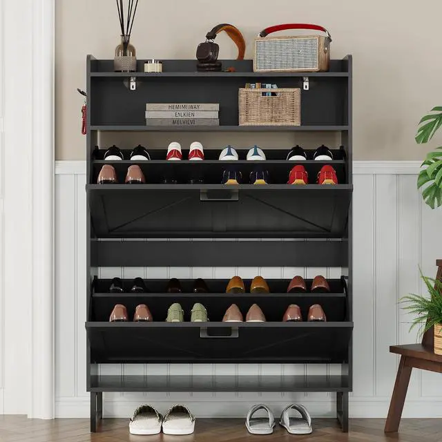 Alt view image 7 of 7 - Shoe Cabinet with 2 Flip Drawers Narrow Shoe Storage Cabinet Organizer Wooden Freestanding Rack Hidden Slim Storage for Entryway, Hallway, Living Room, Bedroom