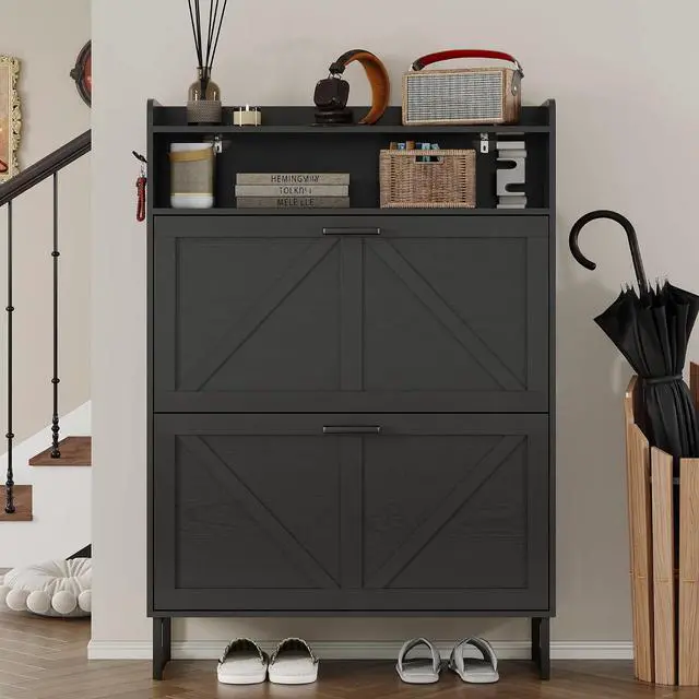 Alt view image 4 of 7 - Shoe Cabinet with 2 Flip Drawers Narrow Shoe Storage Cabinet Organizer Wooden Freestanding Rack Hidden Slim Storage for Entryway, Hallway, Living Room, Bedroom