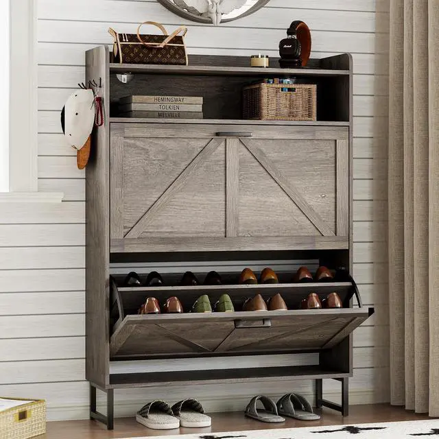 Main image of Shoe Cabinet with 2 Flip Drawers Narrow Shoe Storage Organizer Wooden Freestanding Rack Hidden Slim Shoes Storage Cabinet for Entryway, Hallway, Living Room, Bedroom (Grey)