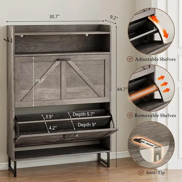 Alt view image 2 of 7 - Shoe Cabinet with 2 Flip Drawers Narrow Shoe Storage Organizer Wooden Freestanding Rack Hidden Slim Shoes Storage Cabinet for Entryway, Hallway, Living Room, Bedroom (Grey)