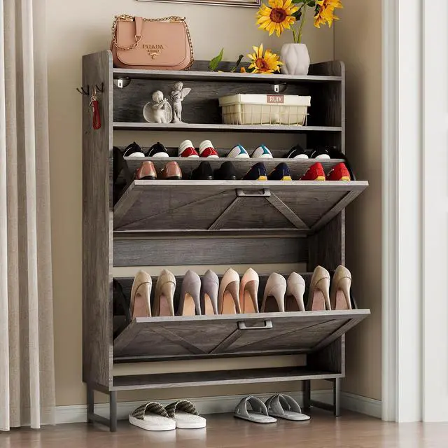 Alt view image 3 of 7 - Shoe Cabinet with 2 Flip Drawers Narrow Shoe Storage Organizer Wooden Freestanding Rack Hidden Slim Shoes Storage Cabinet for Entryway, Hallway, Living Room, Bedroom (Grey)