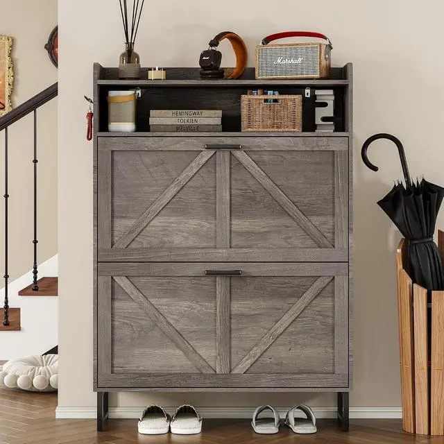 Alt view image 4 of 7 - Shoe Cabinet with 2 Flip Drawers Narrow Shoe Storage Organizer Wooden Freestanding Rack Hidden Slim Shoes Storage Cabinet for Entryway, Hallway, Living Room, Bedroom (Grey)