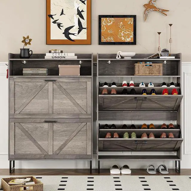 Alt view image 5 of 7 - Shoe Cabinet with 2 Flip Drawers Narrow Shoe Storage Organizer Wooden Freestanding Rack Hidden Slim Shoes Storage Cabinet for Entryway, Hallway, Living Room, Bedroom (Grey)