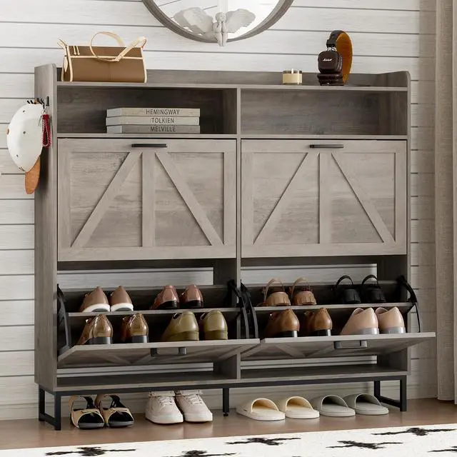 Main image of Shoe Cabinet with 4 Flip Drawers Narrow Shoe Storage Cabinet Organizer Wooden Freestanding Shoe Rack Hidden Slim Shoes Storage Cabinet for Entryway, Hallway, Living Room, Bedroom