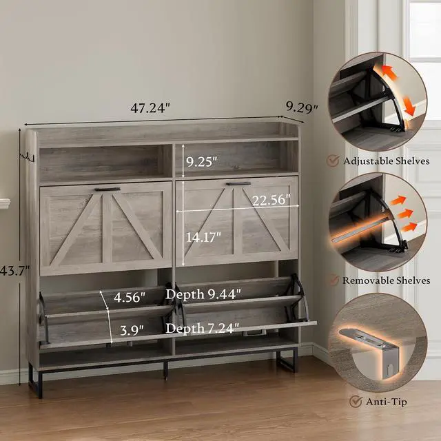 Alt view image 2 of 7 - Shoe Cabinet with 4 Flip Drawers Narrow Shoe Storage Cabinet Organizer Wooden Freestanding Shoe Rack Hidden Slim Shoes Storage Cabinet for Entryway, Hallway, Living Room, Bedroom