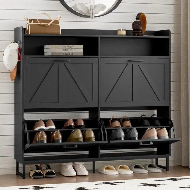 Main image of Shoe Cabinet with 4 Flip Drawers Narrow Shoe Storage Cabinet Organizer Wooden Freestanding Shoe Rack Hidden Slim Shoes Storage Cabinet for Entryway, Hallway, Living Room, Bedroom