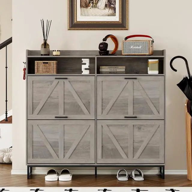 Alt view image 4 of 7 - Shoe Cabinet with 4 Flip Drawers Narrow Shoe Storage Cabinet Organizer Wooden Freestanding Shoe Rack Hidden Slim Shoes Storage Cabinet for Entryway, Hallway, Living Room, Bedroom