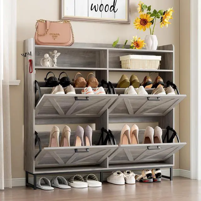 Alt view image 3 of 7 - Shoe Cabinet with 4 Flip Drawers Narrow Shoe Storage Cabinet Organizer Wooden Freestanding Shoe Rack Hidden Slim Shoes Storage Cabinet for Entryway, Hallway, Living Room, Bedroom