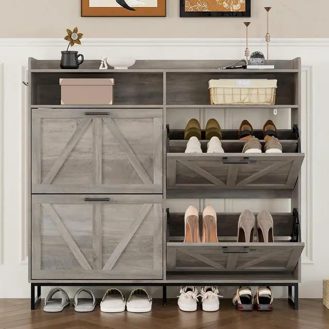 Alt view image 5 of 7 - Shoe Cabinet with 4 Flip Drawers Narrow Shoe Storage Cabinet Organizer Wooden Freestanding Shoe Rack Hidden Slim Shoes Storage Cabinet for Entryway, Hallway, Living Room, Bedroom