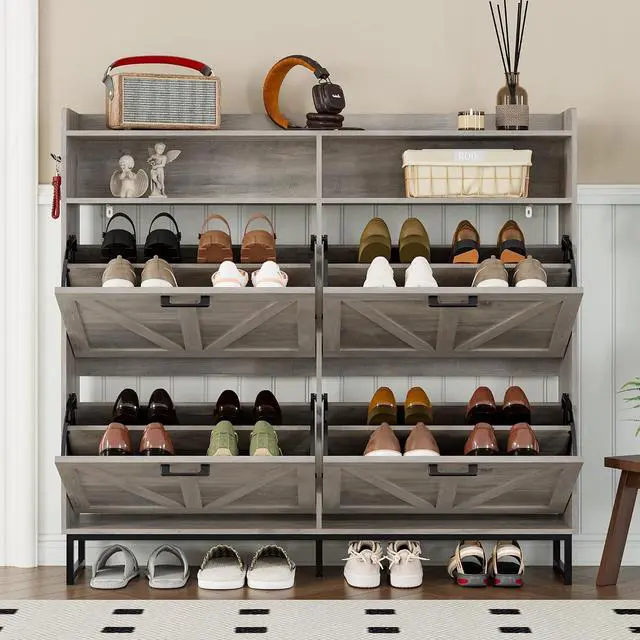 Alt view image 7 of 7 - Shoe Cabinet with 4 Flip Drawers Narrow Shoe Storage Cabinet Organizer Wooden Freestanding Shoe Rack Hidden Slim Shoes Storage Cabinet for Entryway, Hallway, Living Room, Bedroom